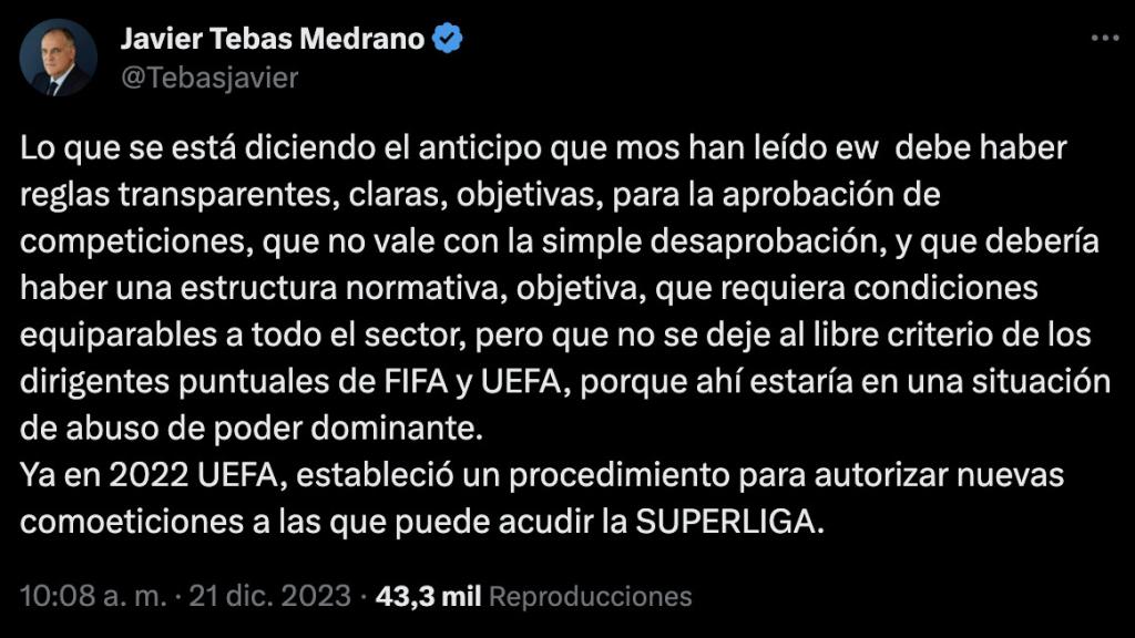 Javier Tebas, en Twitter