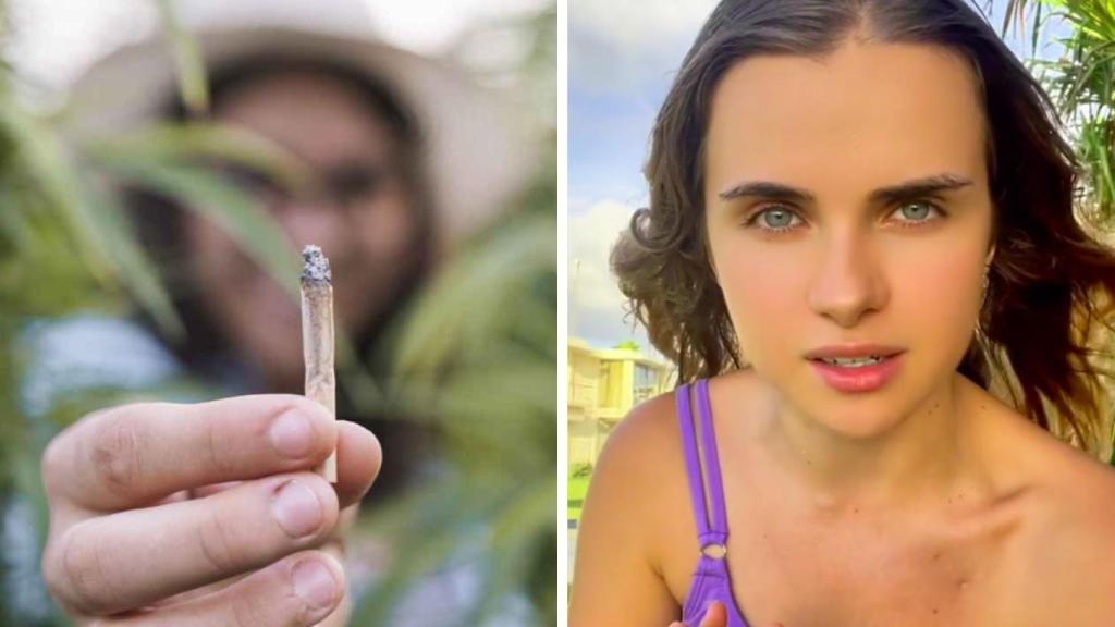 Imagen de recurso de un hombre sujetando un porro y captura del vídeo de Marina Yers.
