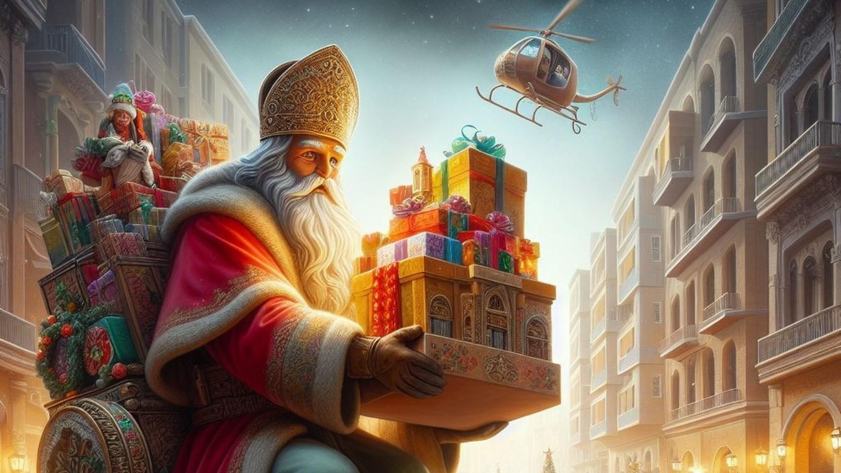 San Nicolás reparte regalos, en una imagen creada por la IA.