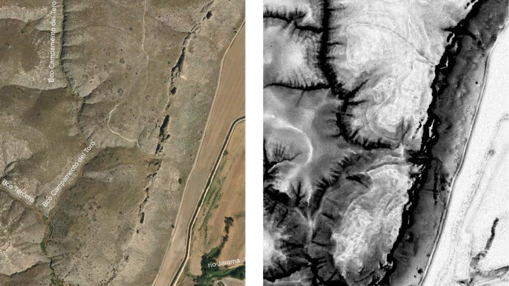 Ortofoto de los yacimientos arqueológicos de La Marañosa (arriba) y Albende (abajo) e imagen obtenida del postprocesamiento de los datos LiDAR.