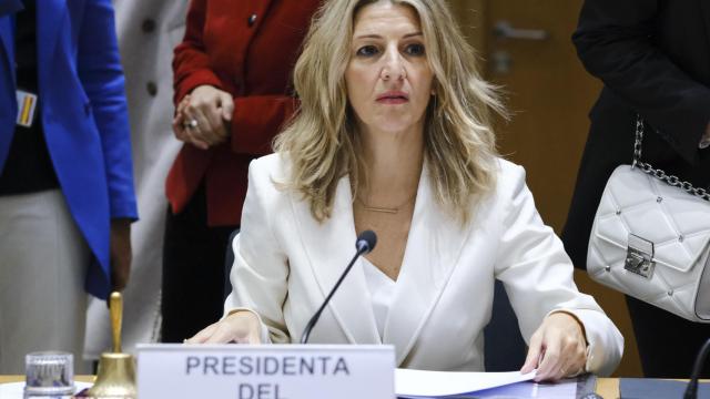 La vicepresidenta segunda, Yolanda Díaz, durante una reunión en Bruselas