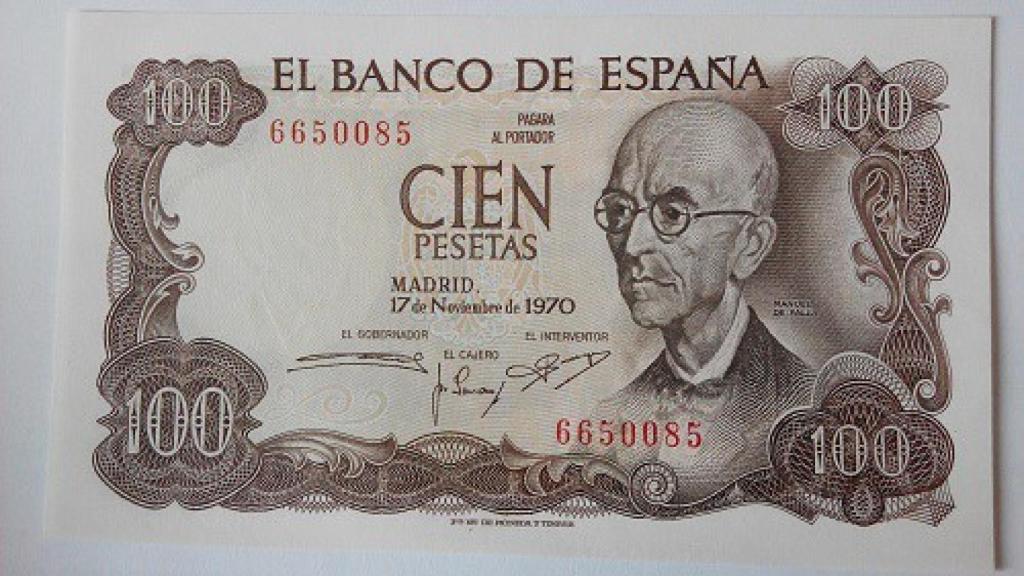Billete de 100 pesetas con la imagen de Manuel de Falla.
