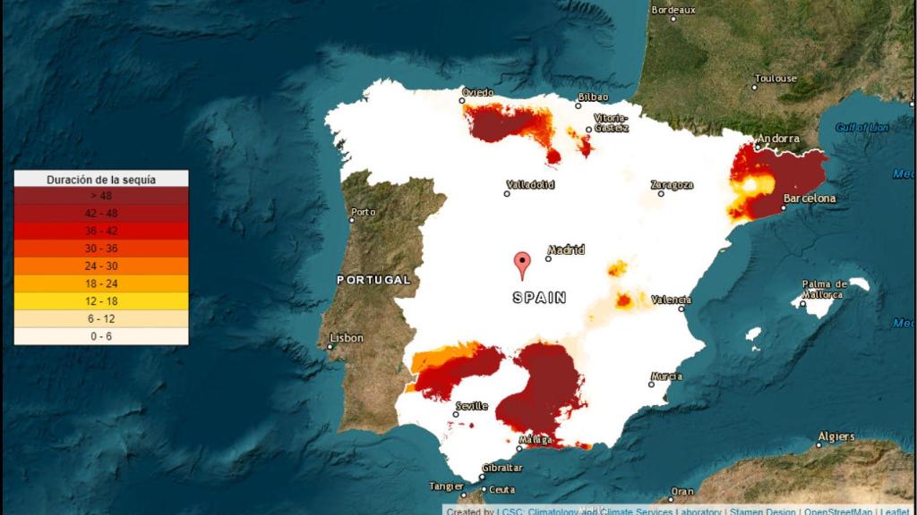 Mapa de duración de la sequía (a 1 de diciembre de 2023), obtenido del Monitor de sequía meteorológica del CSIC.