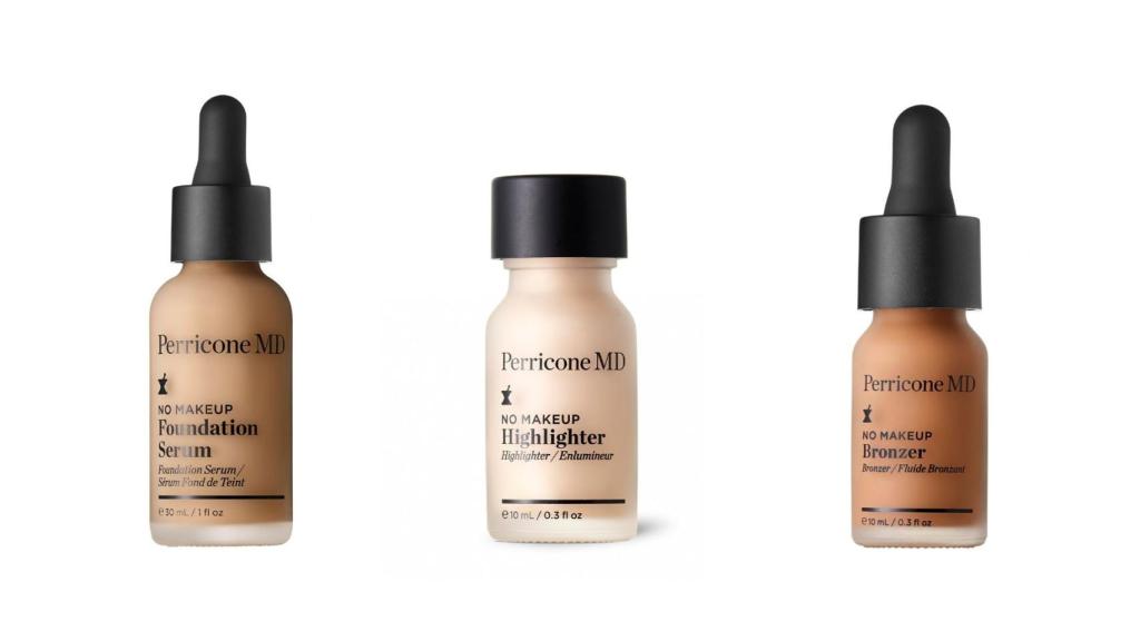 No Makeup Fundation Serum, No Makeup Bronzer y No Makeup Highlighter de Perricone MD.