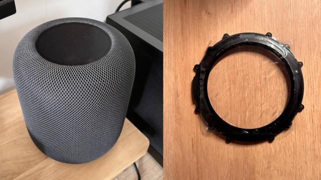 Fotomontaje con el HomePod de Kosutami y la pieza superior de la pantalla.