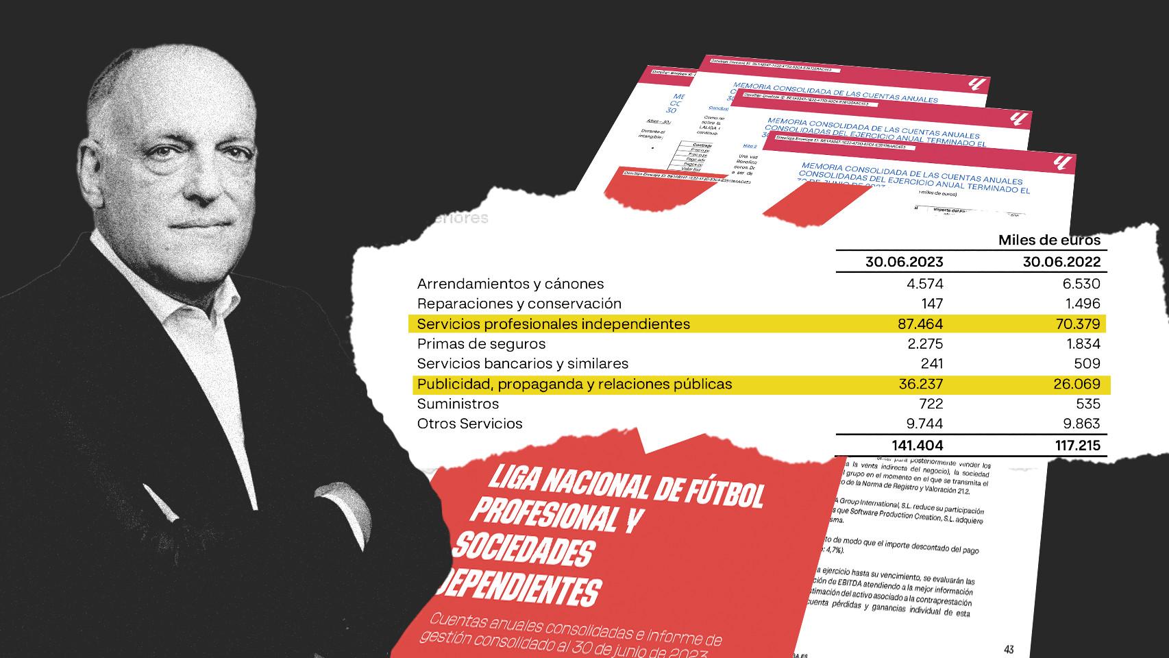 Javier Tebas y las cuentas de LaLiga, en un fotomontaje