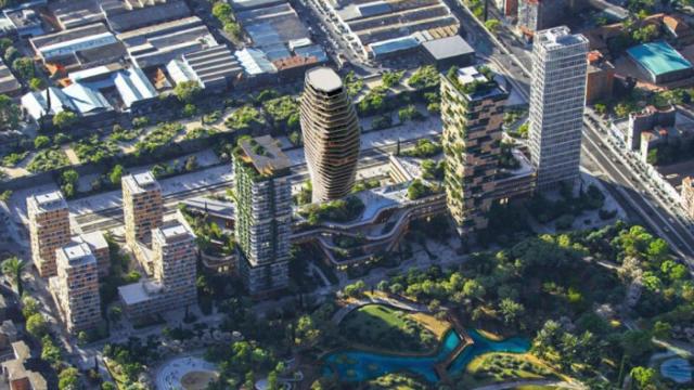 Las torres de Urbania y el gran parque proyectado en los antiguos suelos de Repsol.