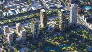 Las torres de Urbania y el gran parque proyectado en los antiguos suelos de Repsol.
