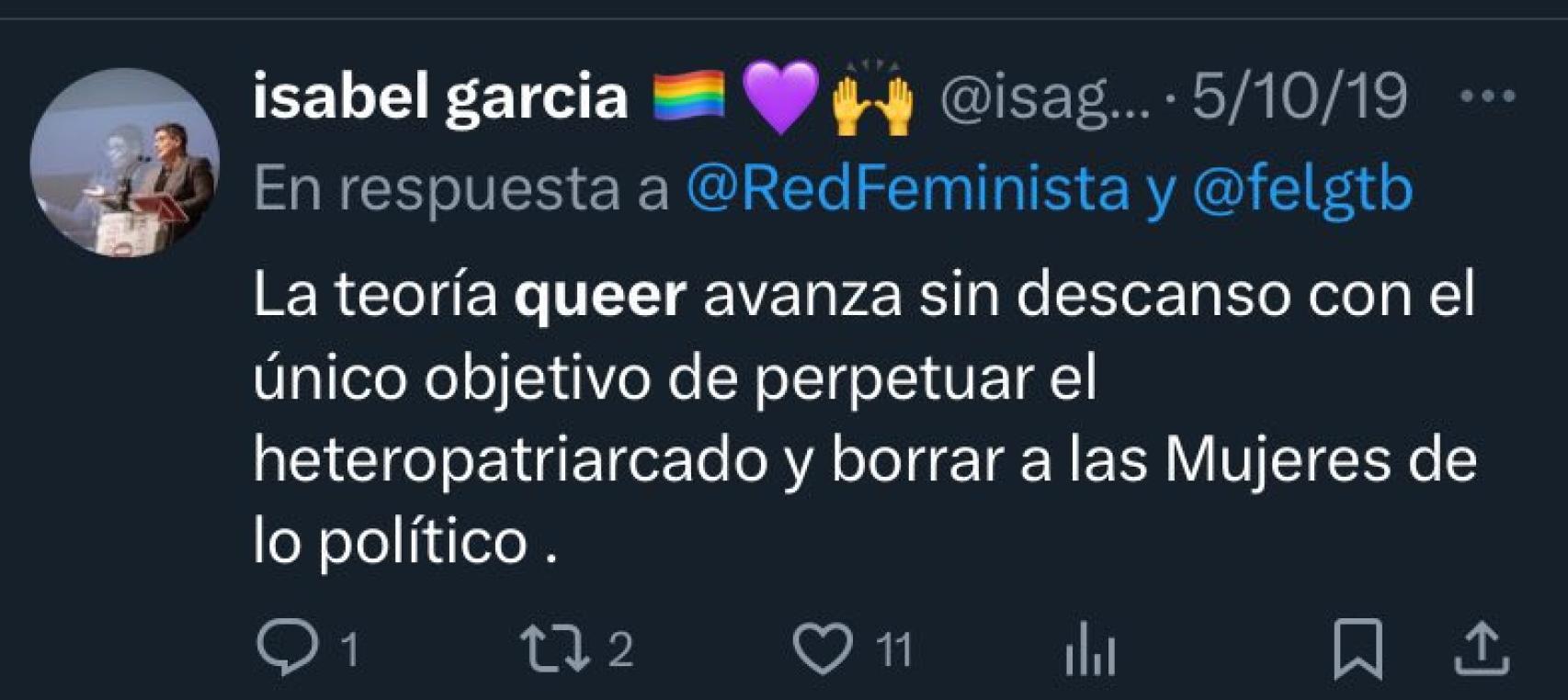 Mensaje publicado en las redes sociales por la nueva directora del Instituto de las Mujeres, Isabel García.