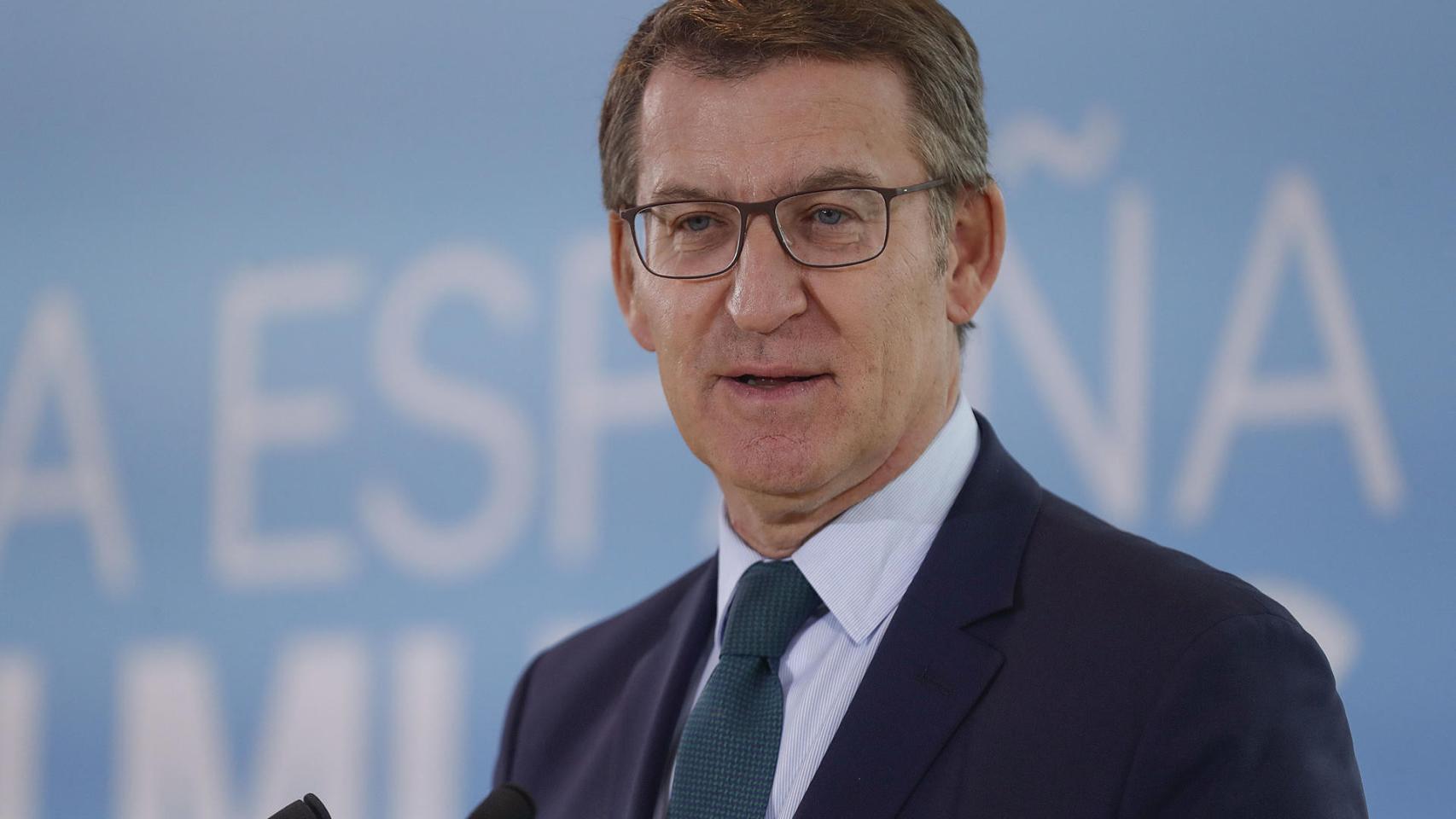 El presidente nacional del PP, Alberto Núñez Feijóo, durante el acto que ha protagonizado este jueves para hacer balance del año 2023.