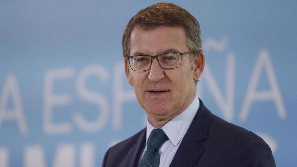 El presidente nacional del PP, Alberto Núñez Feijóo, durante el acto que ha protagonizado este jueves para hacer balance del año 2023.