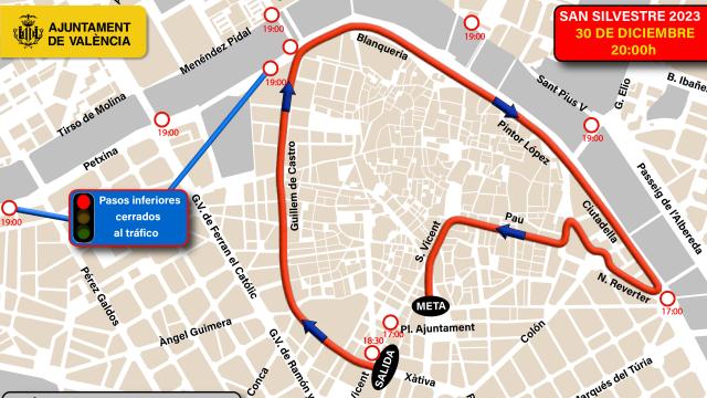 Plano del recorrido y las calles cortadas por la San Silvestre de Valencia. EE
