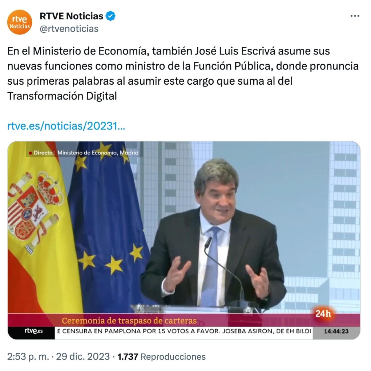 Pantallazo del tuit donde se anunciaba como directo el discurso de Escrivá.