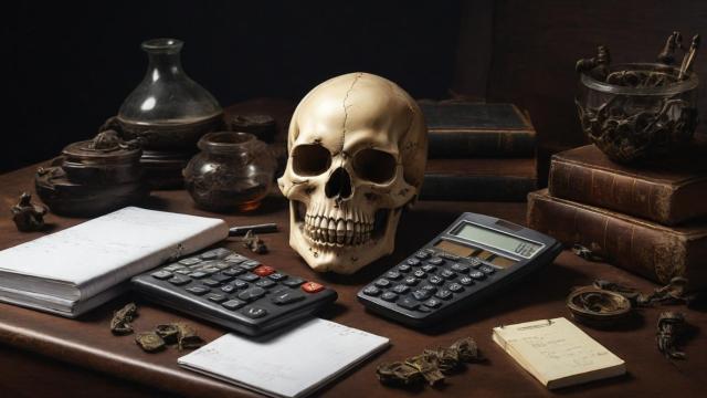 Una calavera y calculadora.
