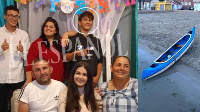 Ivailo Petrov, con una sudadera negra, posando junto a su familia en una celebración. Al lado, una imagen de la canoa en la que sufrió el naufragio en el Mar Menor, durante la madrugada del Día de Reyes.