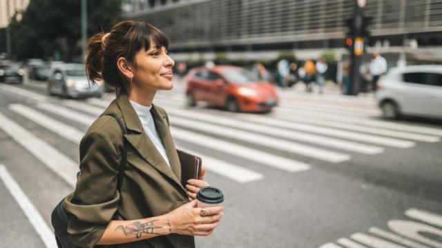 Imagen de archivo de una mujer de camino al trabajo.