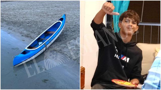 La canoa robada a Pedro, junto a una imagen del joven desaparecido en el Mar Menor, Ivailo Petrov, cedida por su familia.