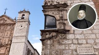 El rey Felipe II y la esquina del Palacio de Pimentel de Valladolid en el que nació, en un montaje de EL ESPAÑOL.