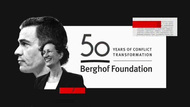 Pedro Sánchez, Marta Rovira y el logotipo de Berghof Foundation en un fotomontaje