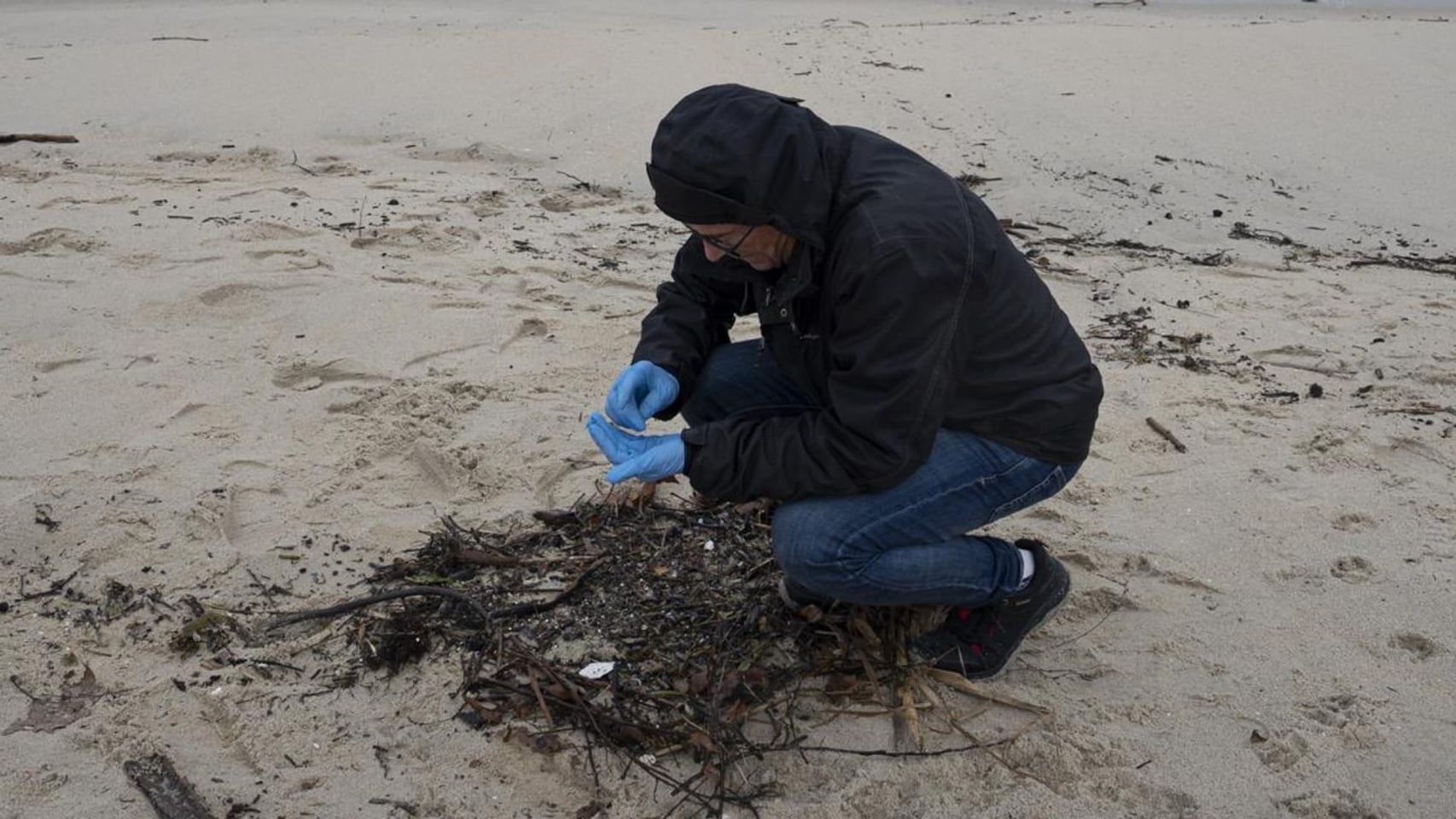 Un voluntario recoge pellets en la playa de Samil.