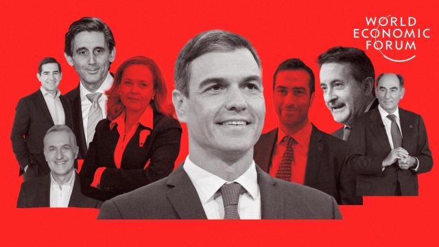 Algunos de los ponentes españoles en el Foro de Davos 2024: Carlos Torres (BBVA), Ramón Laguarta (PepsiCo), José María Álvarez-Pallete (Telefónica), Nadia Calviño (BEI), Pedro Sánchez (presidente del Gobierno de España), Carlos Cuerpo (ministro de Economía), Josu Jon Imaz (Repsol) e Ignacio Sánchez Galán (Iberdrola).