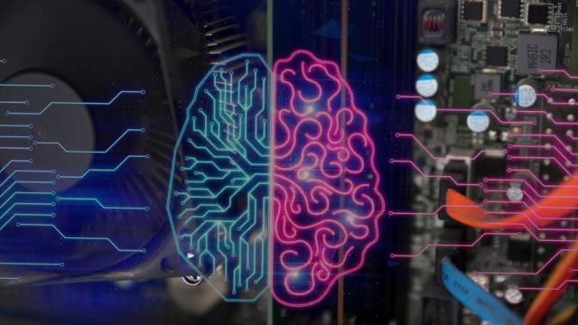 Componentes de un ordenador representando la imagen de un cerebro.