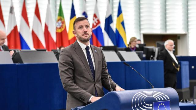El comisario de Medio Ambiente, Virginijus Sinkevicius, durante el debate sobre los pellets este jueves en la Eurcámara