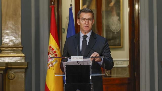 Alberto Núñez Feijóo, este jueves, en una declaración ante la prensa en el Senado.