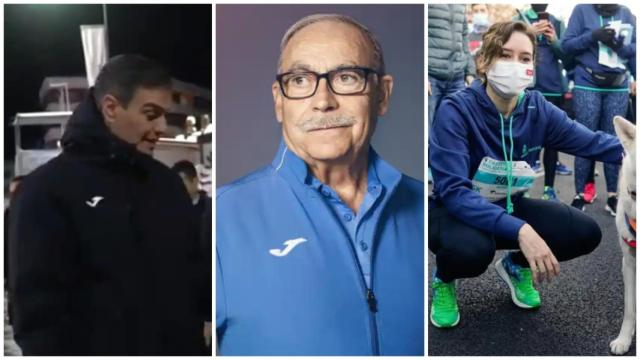 Pedro Sánchez con el abrigo de Joma, Fructuoso López e Isabel Díaz Ayuso con las zapatillas de la misma marca deportiva.