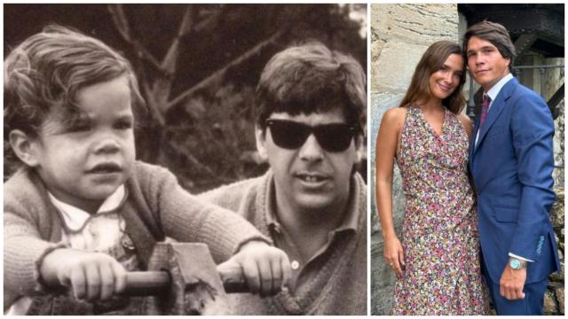 A la izquierda, Pablo Castellano de niño, junto a su padre. Y, a la derecha, junto a María Pombo, su mujer.