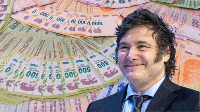 Montaje de Javier Milei con fondo de billetes de peso argentino.