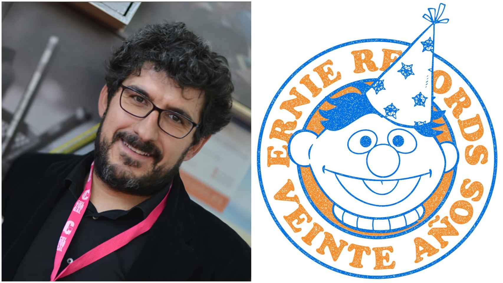 Josiño Carballo y el logo conmemorativo del 20 aniversario de Ernie Records.