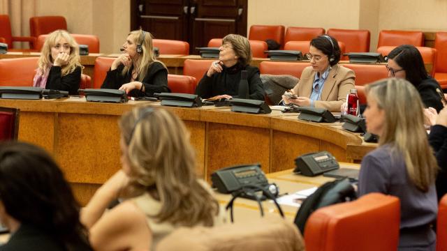 Los miembros de la comisión utilizando pinganillos para escuchar la traducción de las intervenciones