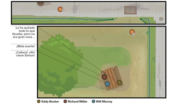 Viñeta de 'El color de las cosas', de Martin Panchaud, narrado a vista de pájaro y protagonizado por personajes representados con círculos de colores. Imagen: Reservoir Books