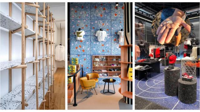 Montaje de los muebles fabricados por Revolución Limo y fragmentos de los pellets recogidos en las playas gallegas.