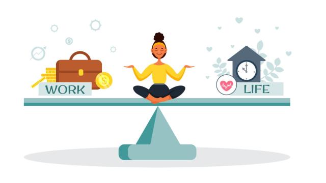 Dibujo mujer en una balanza entre vida laboral y personal.