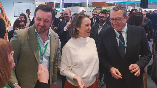 El presidente de la Diputación, Toni Pérez, junto a Cuca Gamarra y el alcalde de Elche, Pablo Ruz, en FITUR.