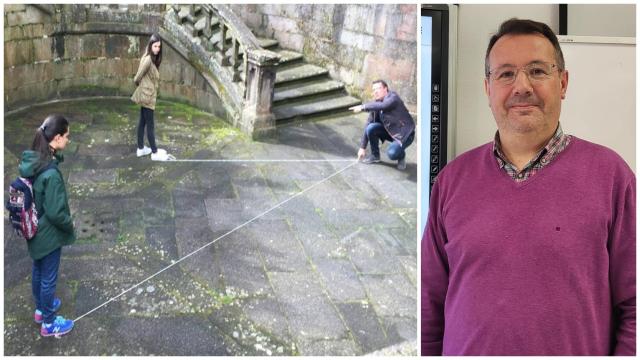 El profesor de Matemáticas, Julio Rodríguez. A la izquierda, enseñando la asignatura en una calle de Santiago.