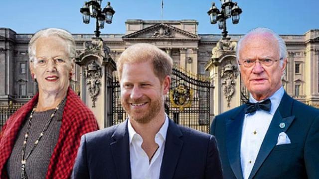 Margarita II, Carlos Gustavo de Suecia, el príncipe Harry y Juan Carlos I, en un montaje de EL ESPAÑOL.