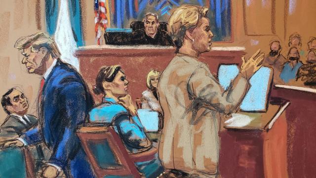 Representación de la sesión del juicio contra Trump que ha tenido lugar este viernes en Nueva York