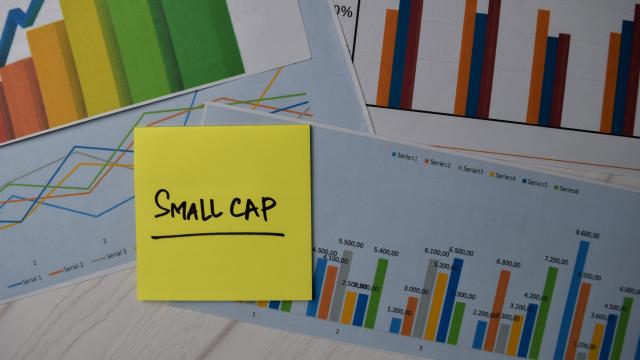 Un posit en el que se puede leer small caps (pequeñas compañías en inglés) sobre varios papeles con distintos gráficos de líneas y barras.