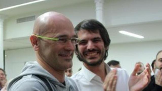 Raül Romeva y Ernest Urtasun, durante un Consejo Nacional extraordinario de Iniciativa per Catalunya, en diciembre de 2013.