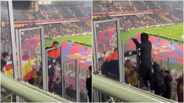 Violencia en Montjuïc: un hincha del Villarreal saca una bandera de España y se arma el lío