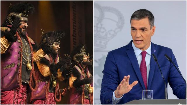 A la izquierda, La Comparse de Antonio Martínez Ares. A la derecha, una imagen del presidente del Gobierno, Pedro Sánchez.