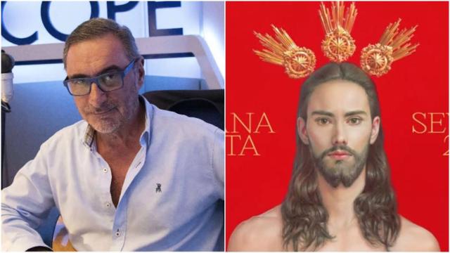 El presentador Carlos Herrera y el cartel de la Semana Santa de Sevilla.