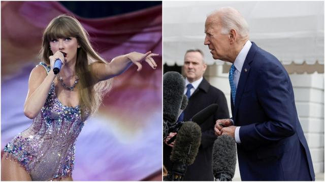 Taylor Swift durante un concierto de su gira Eras (izda) y el presidente de EEUU, Joe Biden (dcha).