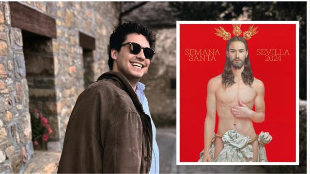 El vallisoletano Pablo Hertfelder García-Conde posa con el polémico cartel al lado