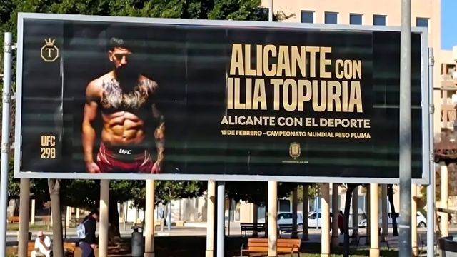 Las vallas de apoyo a Ilia Topuria antes de su encuentro por el campeonato mundial de UFC.