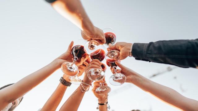 Imagen de unas personas al aire libre brindando con vino.