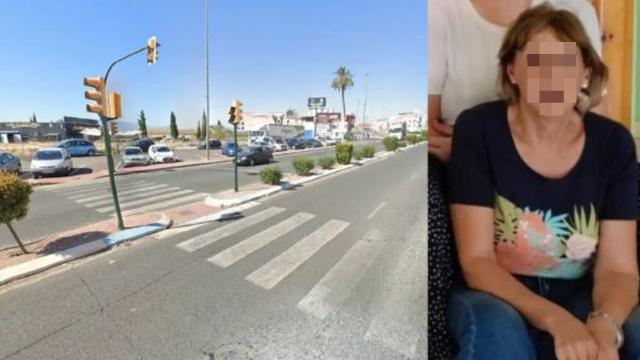 El paso de peatones donde se produjo el triple atropello, este sábado, en Molina de Segura, junto a una imagen de la difunta Dolores Abenza, profesora en el Colegio San Vicente Ferrer de Murcia.